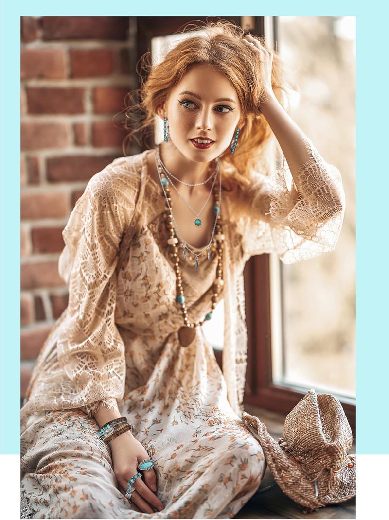 Ecally Store Bohemian Western Jewelry Turquoise Set Women Country Pendant Long Choker Layered Bracelets Earrings Ring for Women - Image 5